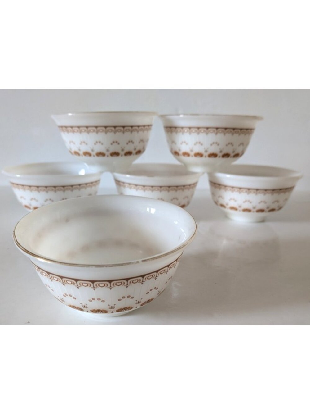 Lot of 6 Vintage Peacock Milk Glass Small Bowls White Brown Pattern Footed 4 oz